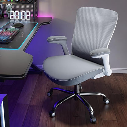 Office Home Ergonomic Desk Chair-Computer X-Shaped Chair Mesh PU Leather with Adjustable Lumbar Support-Executive Chair High Back Flip-Up Arms for Long Hours (White-Grey-No Headrest)