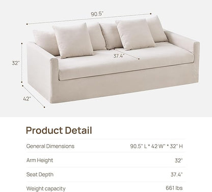 SICOTAS 90.5" Modern Sofa with Deep Seat, Large Down-Filled Cloud Couch with 4 Pillows & Solid Wood Frame, Oversized 3 Seater Sofa Comfy Sleeper Couches for Living Room, Apartment, Beige