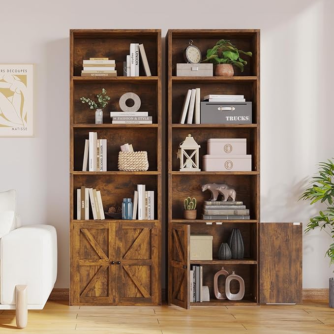 MXV 6-Tier Bookshelf and Bookcase Set of 2, Wooden Bookshelves with Cabinet Doors, Floor Bookshelves and Office Storage Cabinets for Home Office, Living Room (Brown 2 Pack, 6-Tier)
