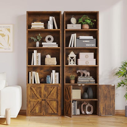 MXV 6-Tier Bookshelf and Bookcase Set of 2, Wooden Bookshelves with Cabinet Doors, Floor Bookshelves and Office Storage Cabinets for Home Office, Living Room (Brown 2 Pack, 6-Tier)