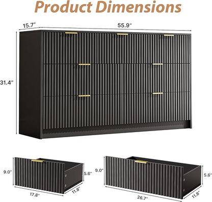 3-Piece Dresser Bedroom Set, 7 Drawer Dresser & 3 Drawer Nightstands with Gold Handles, Fluted Wood Chest of Drawers for Bedroom, Living Room, Entryway, Black