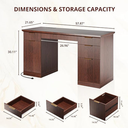 FURSUN 58" Fluted Modern Desk with Storage, Home Office Desk with 1 File Cabinet & 5 Drawers, Wood Executive Computer Writing Desk for Study, Living Room, Bedroom(Dark Walnut)