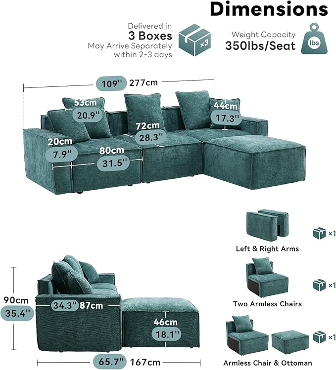 WILLOVE 109'' Modular Sectional Sofa, Chenille Cloud Couch with Wide Armrests & 5 Pillows, Deep Seat Couches for Living Room, Green