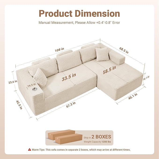 108" Boneless Couch, Cloud Couch Modular Sectional Sofa with Deeper Seat, L-Shaped Sofa with 4 Storage Pockets, Comfy Corduroy Couches for Living Room (Right Facing Chaise, Beige)
