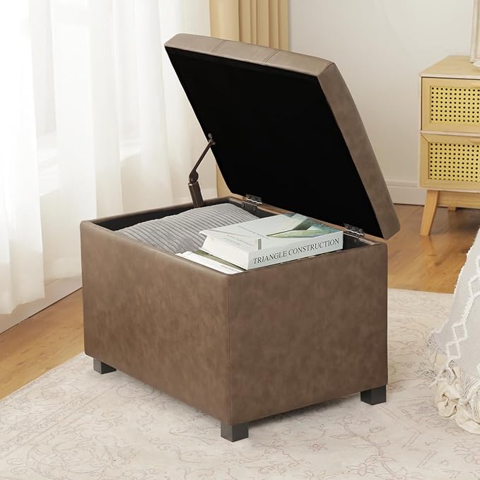 Asense Storage Ottoman Bench,Foot Stool Ottoman with Storage, Faux Leather Foot Rest Seat with Safety Hinge,Wood Legs Stool for Living Room, Bedroom,Enterway,Brown