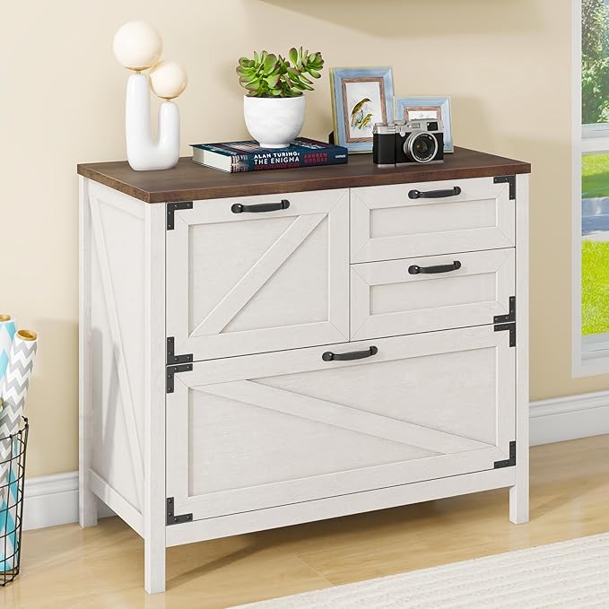 Lateral File Cabinet with 4 Drawers Farmhouse File Cabinet for Letter/Legal/A4 Size Hanging Files, Large Wood File Storage Cabinets Printer Stand for Home Office Cabinet, Rustic White