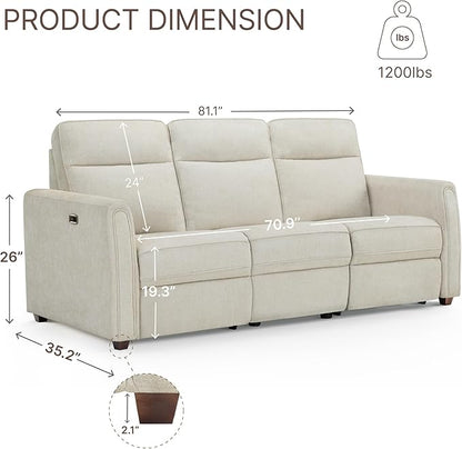 Zero Wall Recliner Sofa RV 3 Seater Wall Hugger Power Recliner Chair with Comfortable Backrest High Wood Leg USB & Type C Dual Charge Ports for Living Room RV Furniture or Small Spaces