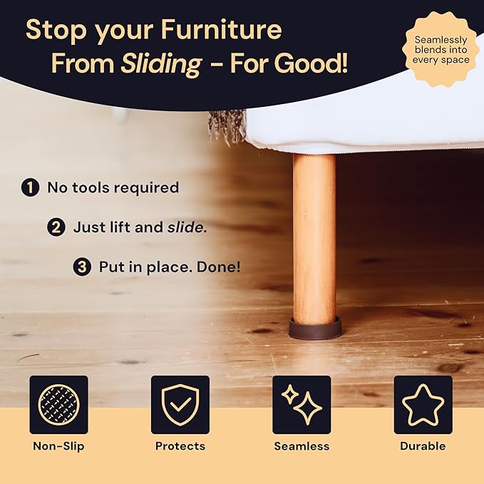 CasterMaster Non Slip Rubber Furniture Cups for Hardwood Floors - 4x4 Brown Round Caster Pads - Heavy Furniture Leg Cups - Set of 4