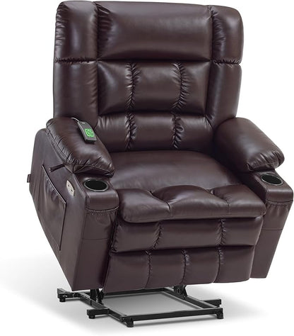 MCombo Dual Motor Power Lift Recliner Chair for Elderly, Lay Flat Lift Chair with Heat and Massage, Petite Wide Lift Chair, Cup Holders, USB A&C Ports, Faux Leather R7894 (Dark Brown, Small-Wide)