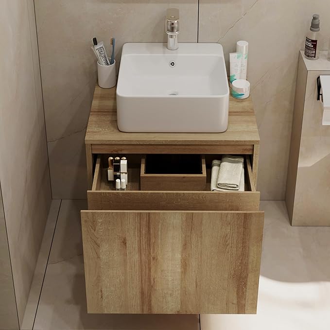 Bathroom Vanity with Sink,Bathroom Vanities， Natural Color Wall-Mounted Bathroom Vanity with Hidden Drawer