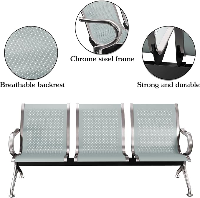 Kinsuite 3-Seat Reception Chairs - Waiting Room Chairs with Arms & Stainless Steel Frame, Waiting Room Bench Lobby Chairs for Office Airport Bank Hospital, Silver