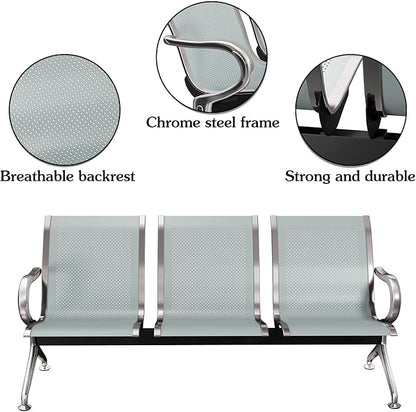 Kinsuite 3-Seat Reception Chairs - Waiting Room Chairs with Arms & Stainless Steel Frame, Waiting Room Bench Lobby Chairs for Office Airport Bank Hospital, Silver