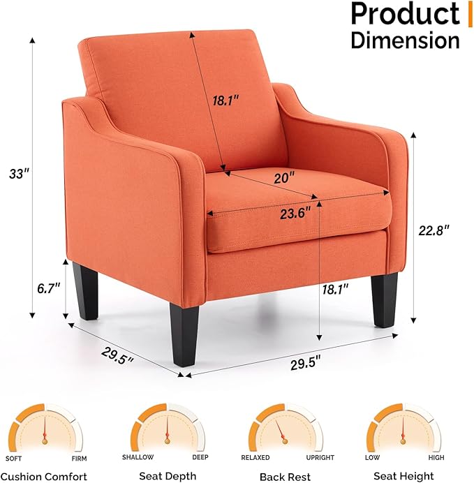 VINGLI Burnt Orange Mid Century Modern Accent Chair for Living Room & Bedroom, Scooped Arm, Upholstered Comfy Chair for Apartment, Waiting Room