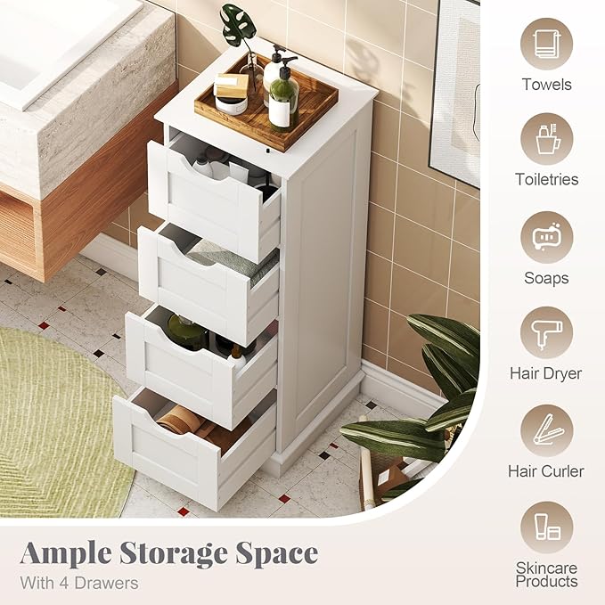 Giantex Bathroom Storage Cabinet with 4 Drawers, 32" Freestanding Storage Organizer Unit with Cutout Handles, Anti-Tipping Device, Narrow Floor Cabinet for Hallway, Living Room, Entryway (White)