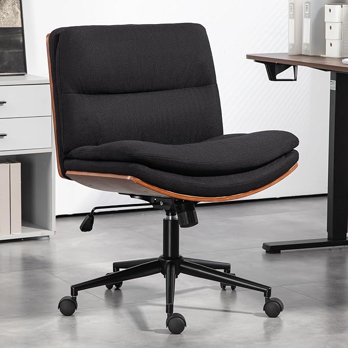 Armless Modern Walnut Office Desk Chair with Wheels, Adjustable Wide Swivel Task Chair, Ergonomic Cross Legged Fabric Chair for Conference Room, Home Office (Black)