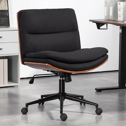 Armless Modern Walnut Office Desk Chair with Wheels, Adjustable Wide Swivel Task Chair, Ergonomic Cross Legged Fabric Chair for Conference Room, Home Office (Black)