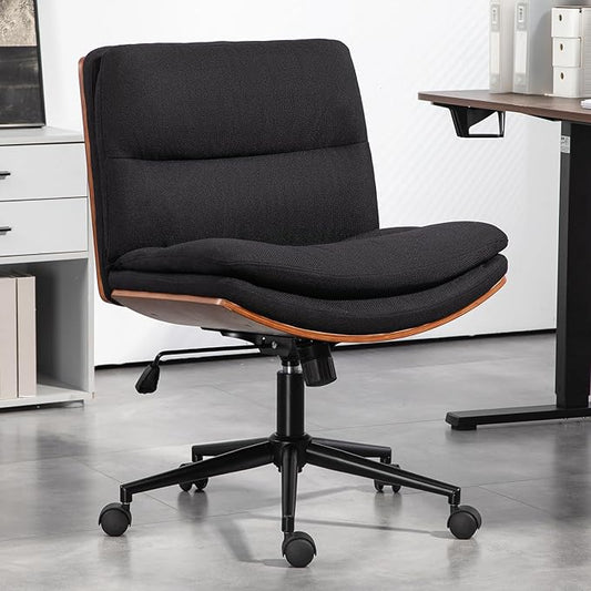 Armless Modern Walnut Office Desk Chair with Wheels, Adjustable Wide Swivel Task Chair, Ergonomic Cross Legged Fabric Chair for Conference Room, Home Office (Black)