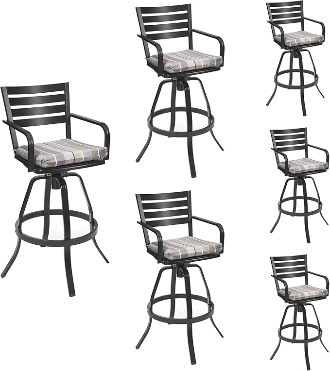 Pellebant Outdoor Swivel Barstools Set of 6, Aluminum 29.5" Bar Height Stool Chairs with Back & Footrest,Rust-Proof Tall Patio Bar Stools for Deck Lawn Garden,Milano Char