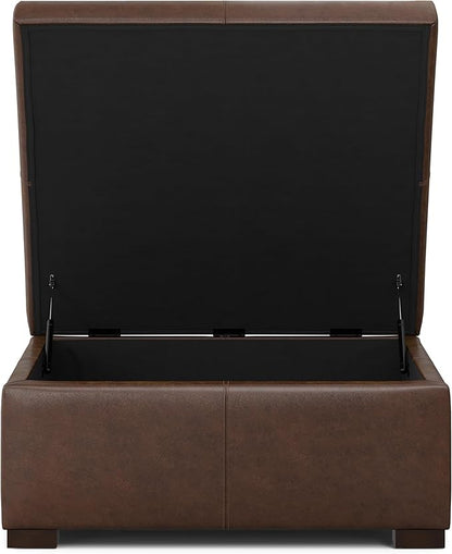 SIMPLIHOME Gabbie 36 inch Wide Contemporary Square Square Coffee Table Storage Ottoman in Distressed Chestnut Brown Vegan Faux Leather, Assembled, for The Living Room, Entryway and Family Room