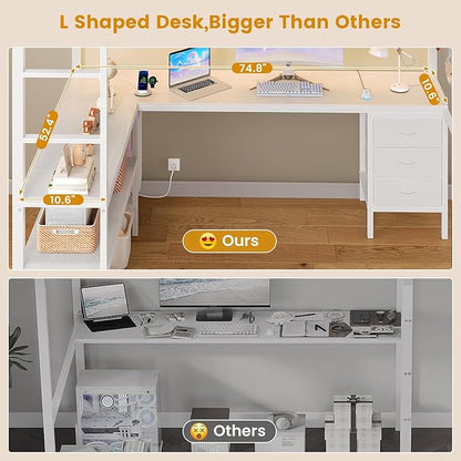 ADORNEVE Loft Bed Full Size with L-Shaped Desk, 3 Storage Drawers, Power Outlet, 3 Storage Shelves, Metal Loft Bed Frame with RGB Lights, Bed with Safety Guardrail & Ladders,Space-Saving, White
