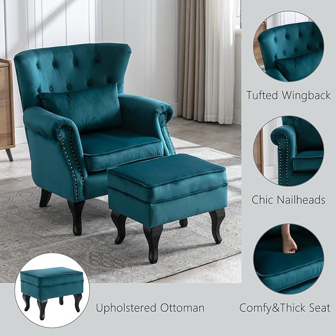 Mid Century Modern Accent Chair Upholstered Armchair Comfy Velvet Tufted Wingback Single Sofa with Ottoman for Bedroom Living Room, Teal