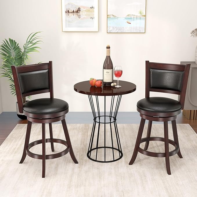 COSTWAY Bar Stools Set of 4, 360 Degree Swivel, 24" Accent Wooden Swivel Seat Counter Height Bar Stool, Leather Upholstered Design, PVC Cushioned Seat, Perfect for Dining and Living Room (Height 24")