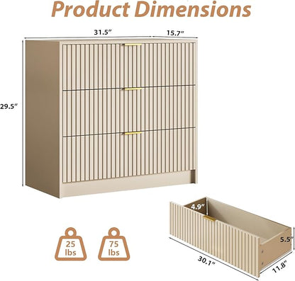 3-Piece Dresser Bedroom Set, 9 Drawer Dresser & 3 Drawer Nightstands with Gold Handles, Fluted Wood Chest of Drawers for Bedroom, Living Room, Entryway, Beige