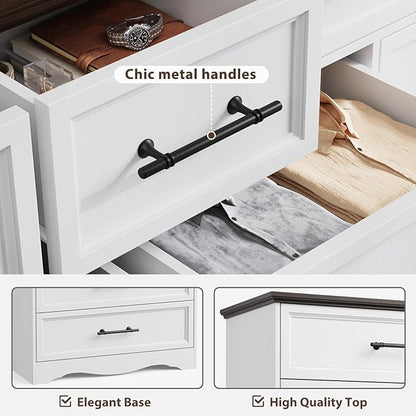 White Dresser for Bedroom, Farmhouse 10 Chest of Drawers, 59" Wide Chest of Drawers with Brushed Metal Handle, Wood Closet Organizers and Storage Cabinet for Bedroom, Living Room, Hallway