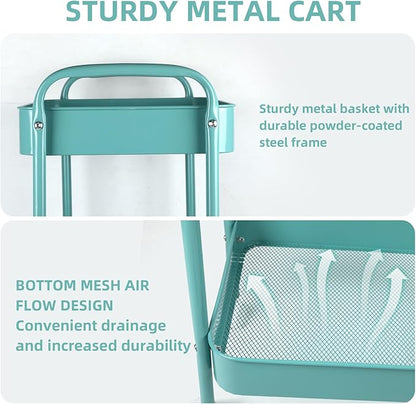 3 Tier Organizer Cart on Wheels, Metal Rolling Storage Cart with Wheels, Mobile Shelving Multifunction Storage Trolley with 4 Hooks fo Laundry Room Bathroom Kitchen Office, Green
