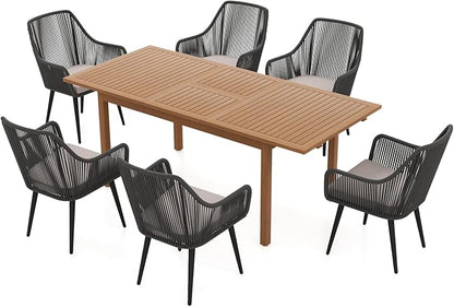 JOIVI Outdoor Dining Set for 6, 7 Pieces Patio Dining Table and Chairs Set, Rattan Rope Patio Outdoor Furniture Set with Wood Extendable Dining Table for Deck, Backyard, Indoor Dining Room, Black