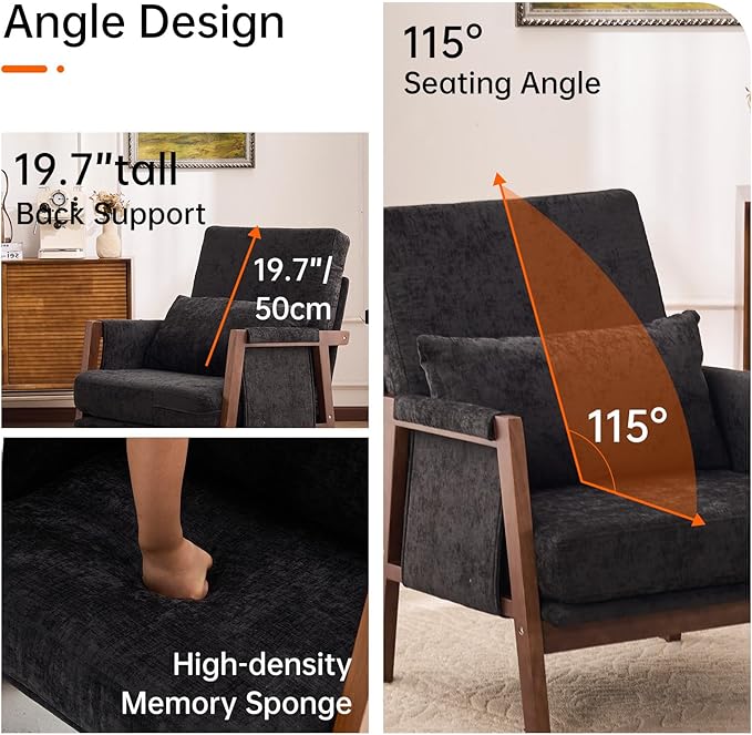 Accent Chair Mid-Century Modern with Lumbar Support Pillow, Upholstered Living Room Chairs with Wooden, Chenille Armchair with Cushion, Anthropologie Side Chair for Bedroom, Black