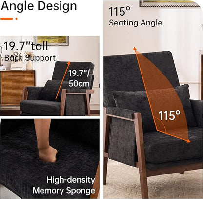 Accent Chair Mid-Century Modern with Lumbar Support Pillow, Upholstered Living Room Chairs with Wooden, Chenille Armchair with Cushion, Anthropologie Side Chair for Bedroom, Black