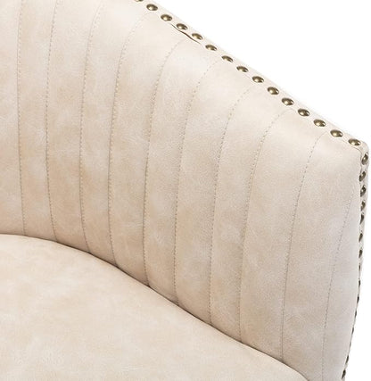 Beige Faux Leather Home Office Desk Chair, Upholstered Barrel Swivel Adjustable Arm Desk Chair with Nailheads, Comfy Mid-Back Study Chair with Silent Wheel for Study Office Computer