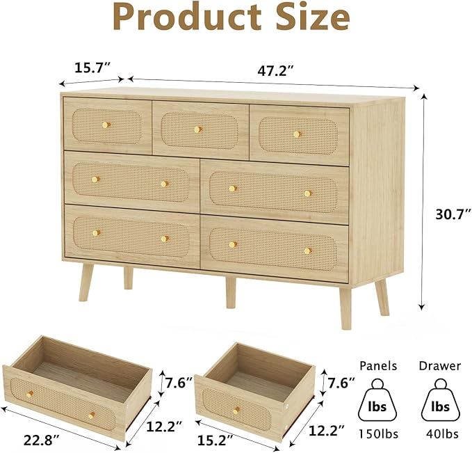 Rattan Dresser for Bedroom, 7 Drawer Rattan Dresser with Gold Handles, Boho Wood Dressers & Chest of Drawers for Bedroom