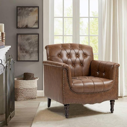 Faux Leather Accent Chair, PU Leather Modern Comfy Upholstered Armchair with Wood Legs & Nailhead Trim for Living Room, Bedroom (Brown,Set of 1)