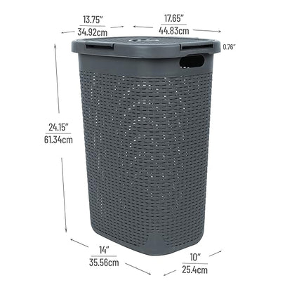 Mind Reader Slim Laundry Hamper with Lid, 60L Clothes Basket, Premium Wicker Design, Plastic, Gray
