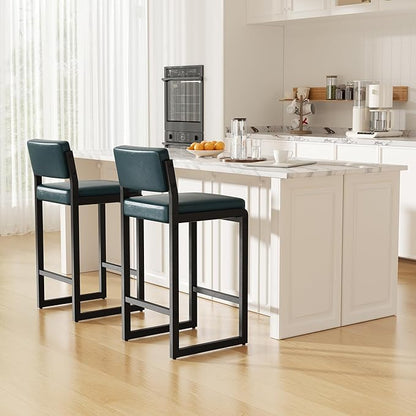 Bar Stools Set of 3, Faux Leather Counter Height Bar Stools with High Back and Metal Legs, Upholstered Bar Chairs, 26" Modern Barstools for Kitchen Island, Dark Blue