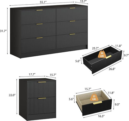 3-Piece Modern Bedroom Furniture Set, Wide 6-Drawer Dresser & 2-Drawer Nightstands Set of 2, Natural Wood Dresser and Nightstand Sets for Bedroom, Hallway, Black