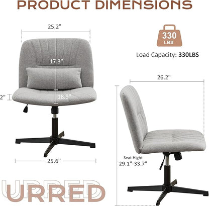 URRED Criss Cross Office Chair, Armless Cross-Legged Desk Chair with Fixed Legs, Height Adjustable Wide Seat Task Vanity Chair for Home Office or Bedroom (Grey)