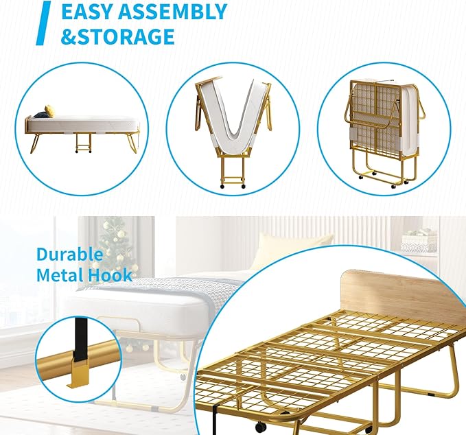 Mjkone Folding Bed with 5" Memory Foam Mattress & Upgraded 75x38 Frame Single Portable Guest Bed, Space-Saving Design, Lockable Wheels for Easy Moving, Quick Assembly & Compact Storage-Gold