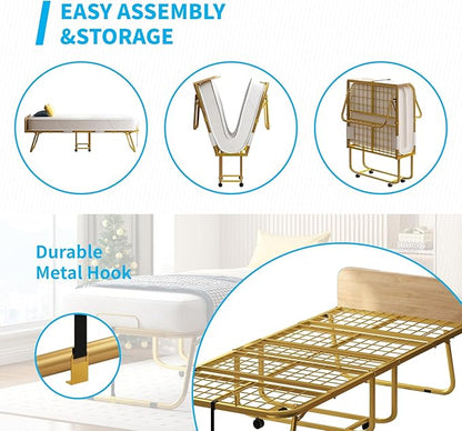 Mjkone Folding Bed with 5" Memory Foam Mattress & Upgraded 75x38 Frame Single Portable Guest Bed, Space-Saving Design, Lockable Wheels for Easy Moving, Quick Assembly & Compact Storage-Gold
