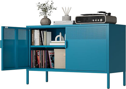 Blue Metal Storage Cabinet with Doors and Shelf, 2 Door Locker Storage Cabinet for Home and Office, 2 Tier Low Metal Tv Stand Cabinet
