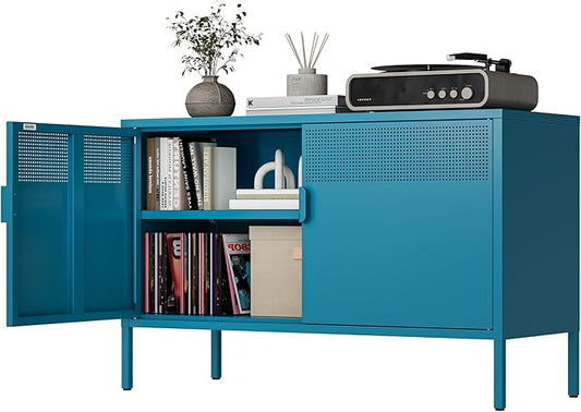 Blue Metal Storage Cabinet with Doors and Shelf, 2 Door Locker Storage Cabinet for Home and Office, 2 Tier Low Metal Tv Stand Cabinet