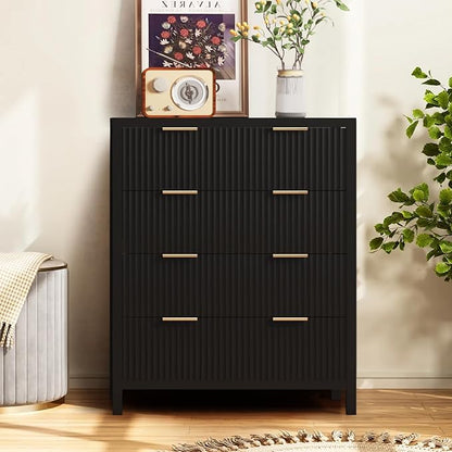 4 Drawer Double Dressers for Bedroom with Waveform Fluted Panel Design, Modern Wide Chest of Drawers,Wood Storage Dresser Chest of Drawers for Bedroom Living Room Hallway Closet, Black 2 Sets