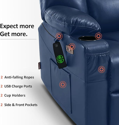 MCombo Oversized Power Lift Recliner Chair with Massage and Heat for Big and Tall Elderly People, Cup Holders, USB Ports, Side Pockets, Faux Leather R7541 (Navy Blue, Large-Oversize)