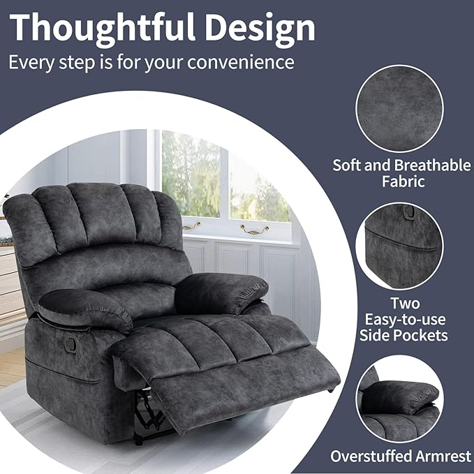 Manual Recliner Chair for Living Room, Single Sofa Recliners for Adults 350LBS, Heavy Duty Reclining Max 155 Degrees, Fabric Dark Gray