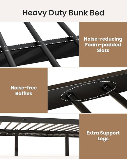 Full Over Full Bunk Bed, Convertible into 2 Full Beds, Heavy-Duty Metal Bed Frame with Safety Full-Length Guardrails & EVA Padded Ladder for Adults, Teens, Kids, No Box Spring Needed, Black