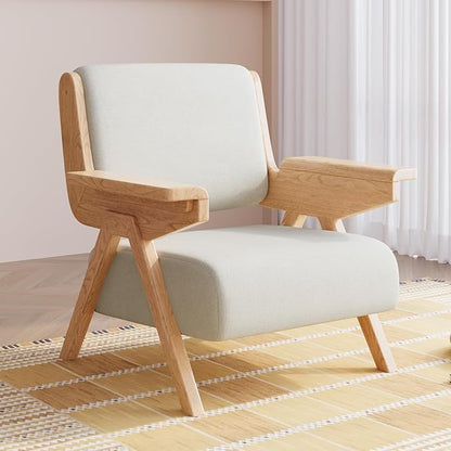 Mid Century Modern Accent Chair, Fabric Upholstered Lounge Arm Chair with Solid Wood Frame for Living Room, Bedroom, Office, Reading Corner (White, Single Chair)