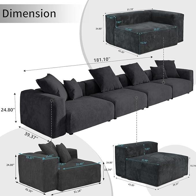 WJShome Modular Sectional Sofa Couch,181.1inch Oversized 4 Seater Couch, Upholstered with Corduroy Fabric Couches with 6 Pillows,Cushion Covers Removable& Washable,for Living Room