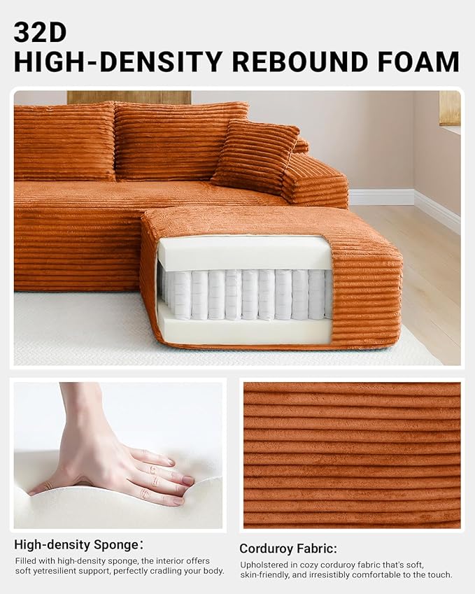 108" Cloud Sectional Couch,Modern Modular Sectional Sofa with Deep Seat,Corduroy Boneless Couches with L-Shape Chaise for Living Room,No Assembly Required (Orange, Right Facing Chaise)